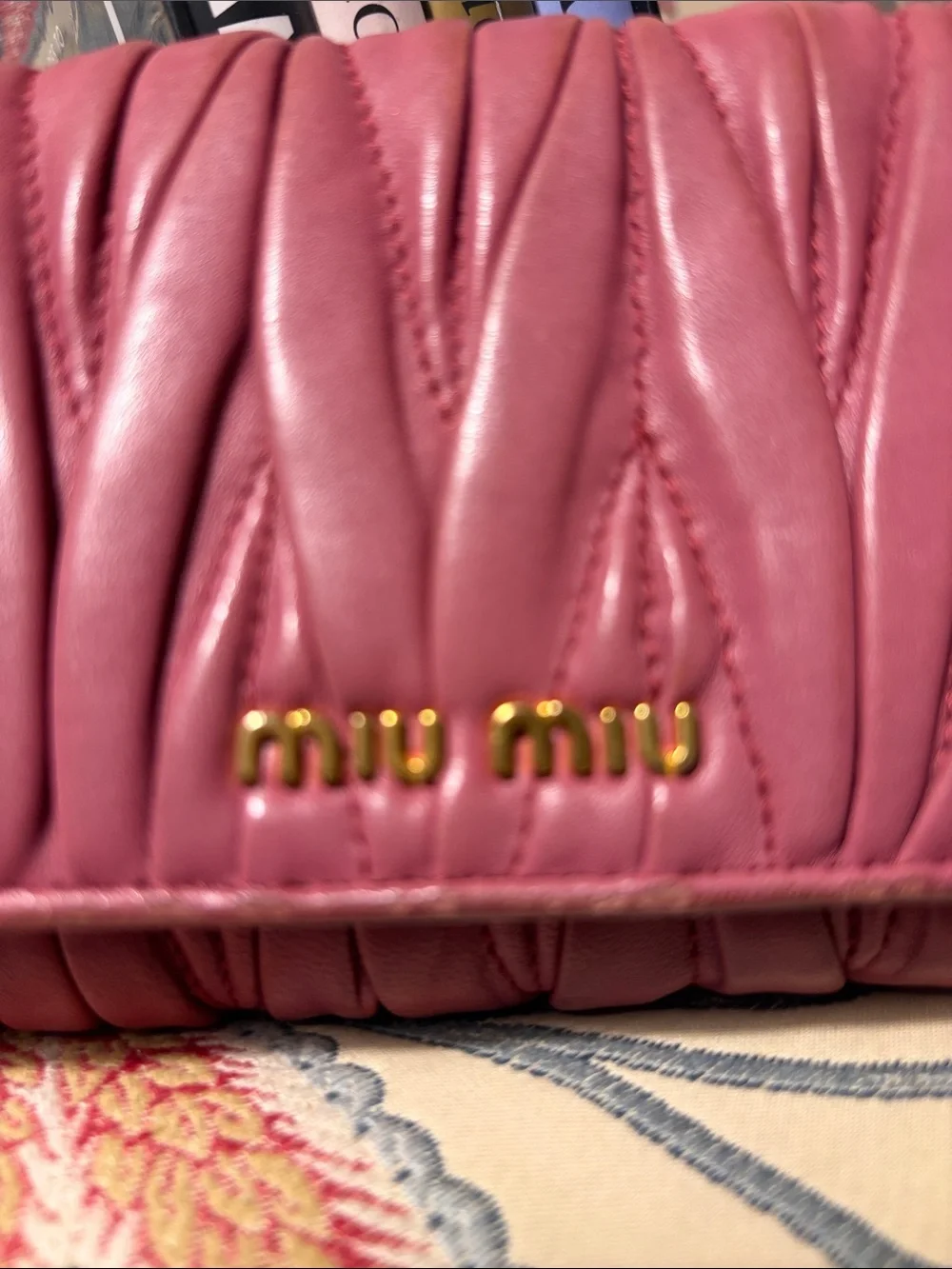 Miu Miu Quilted Leather Long Wallet in Rose Pink with Gold Logo GUC Vintage